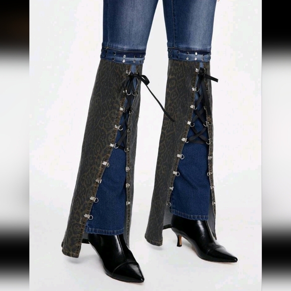 Women's Y2K Vintage Leopard Print Splice Ribbon Tie Flare Leg Pants - Picture 3 of 4